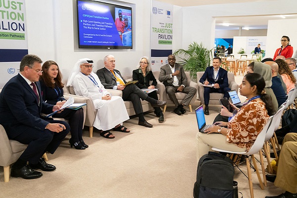 Group photo of speakers in High-Level Opening Just Transition Pavillion: Just Transition Pathways - This Way to Social Justice at COP28, Dubai. 4 December 2023.